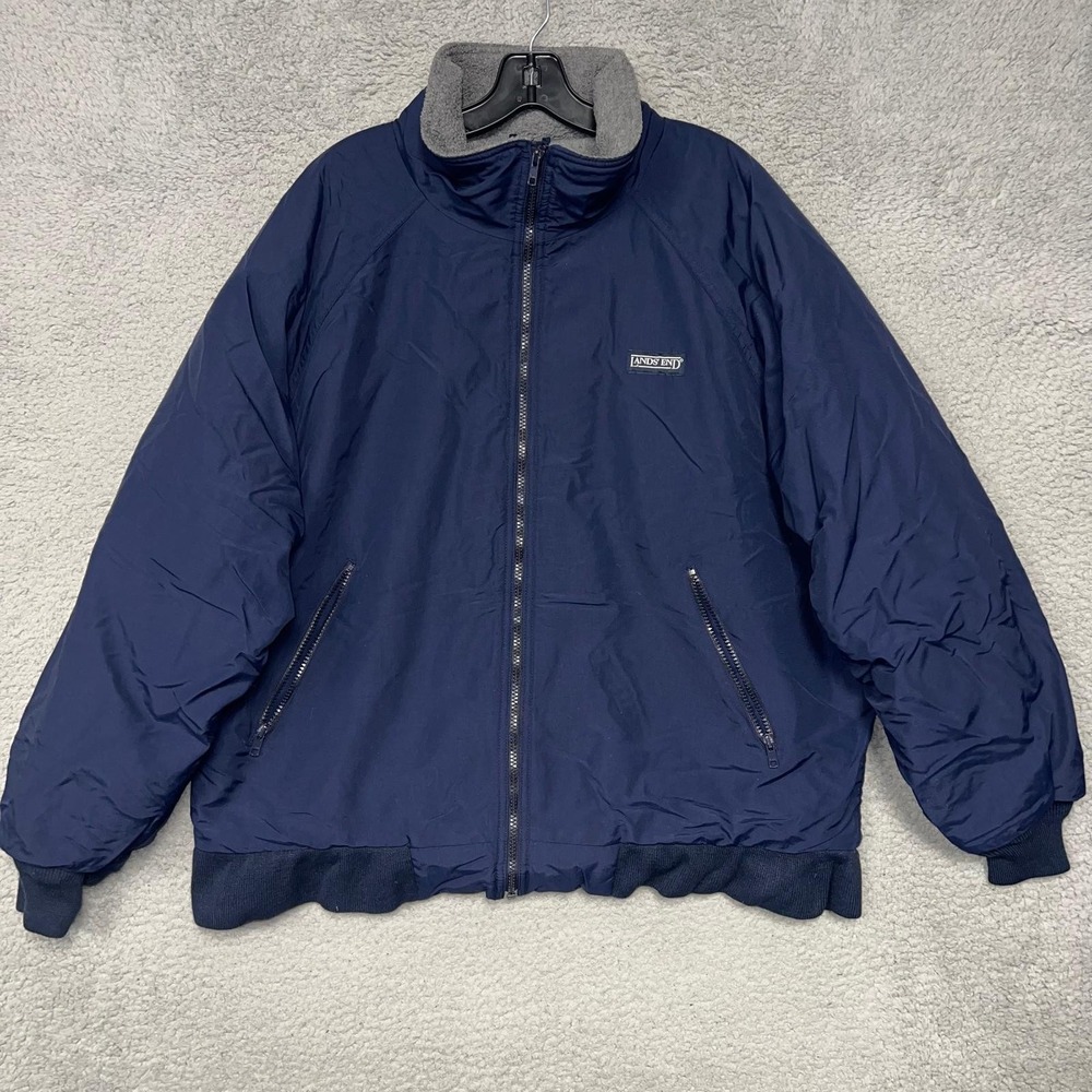 VTG Lands End Squall Bomber Jacket Men's Size XL Blue Polartec Gray Fleece Lined